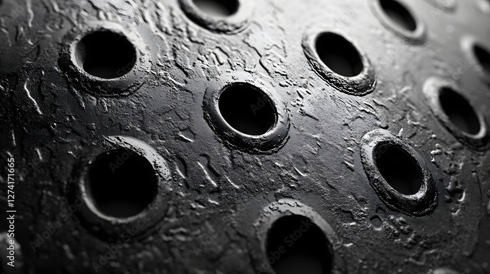 Poster close-up of a dark metallic surface with many circular holes. the texture is rough, and the image cr