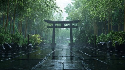 Morning tranquility with bamboo pathways leading to torii gates surrounded by lush vegetation