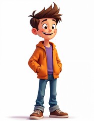 Animated cartoon boy with smile standing in orange jacket, blue jeans, brown shoes. Three-dimensional render of happy schoolboy, schoolkid in casual clothes. Cheerful kid in trendy outfit on white