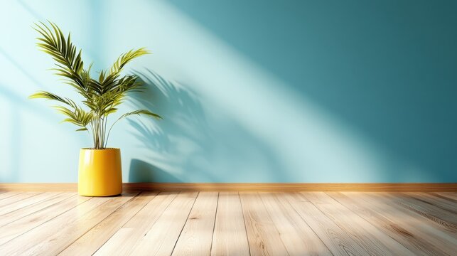 A charming image showcasing a blue wall with a green plant, creating a tranquil atmosphere ideal for relaxation or enhancement of creativity and focus.