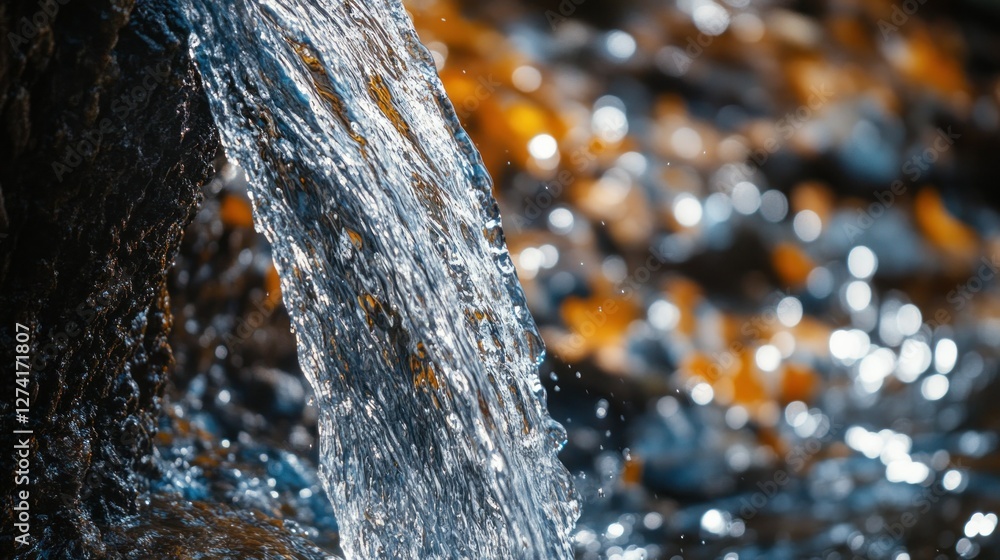Poster close-up of flowing water over rocks with gentle reflections and soft bokeh background