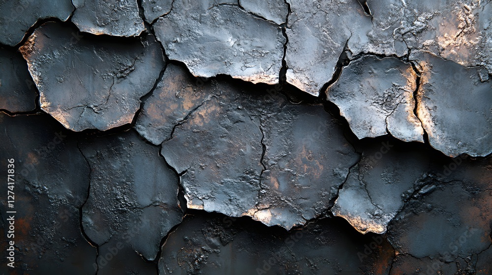 Poster close-up view of a dark, cracked surface with hints of bronze. the texture is rough and abstract. ab