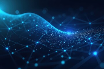 Abstract Digital Network with Glowing Blue Nodes and Wave Effects Representing Connectivity and Data Flow