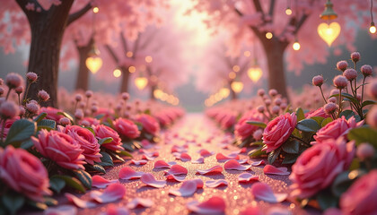 Romantic flower path with rose petals and glowing lights