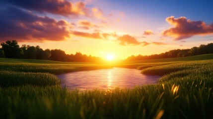 A serene landscape featuring a vibrant sunset over a peaceful stream, surrounded by lush green grass, creating a perfect scene for relaxation and reflection in nature.