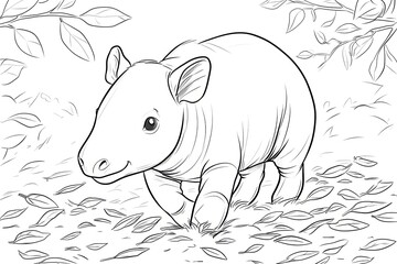 Obraz premium Baby tapir with a small snout, walking through tiny leaves.