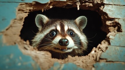 Fototapeta premium A raccoon appears from a rustic wooden hole, with its captivating eyes reflecting the beauty of nature and the charm of wildlife, evoking curiosity and a sense of connection.