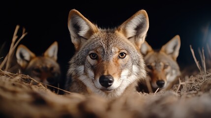 Fototapeta premium Captivating coyotes look out from their cozy nest, showcasing their intelligent gaze and the warmth of nature, highlighting the beauty and connection of wild animals.