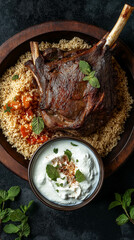 Roast lamb on couscous with yogurt sauce