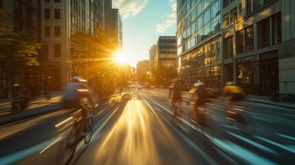 Fototapeta premium City street cyclists at sunset