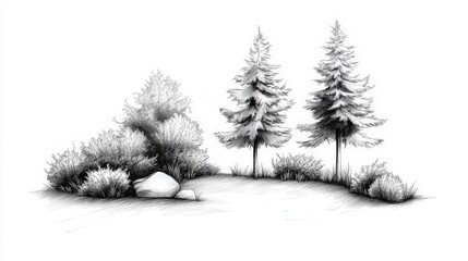 Monochrome landscape sketch featuring pine trees and bushes on a hill