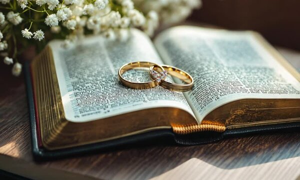 A touching image of two wedding rings gently p on the pages of an open Bible, reminding us that a marriage rooted in faith can weather any storm and withstand the test of time.