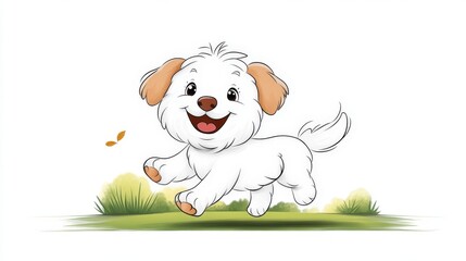 Obraz premium Adorable cartoon puppy joyfully frolicking on green grass with leaf