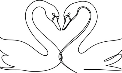 Elegant Swans Forming Heart Shape, Love, Nature, Grace, OneLine Drawing