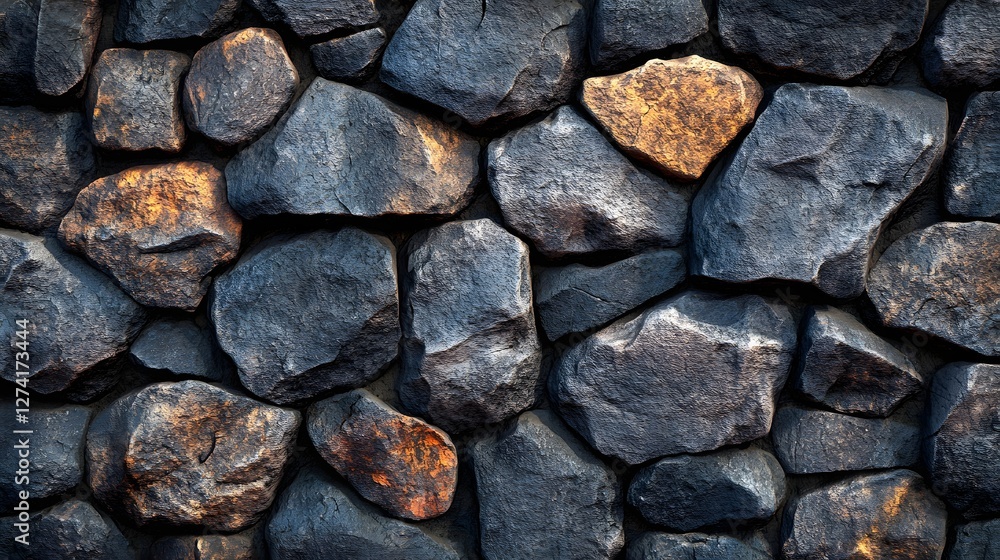 Poster close-up shot of a dark stone wall with varying shades of grey and brown. a rustic and rugged textur
