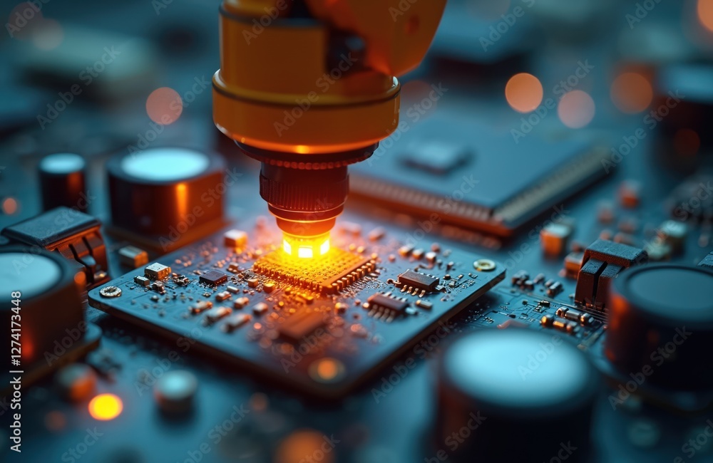 Poster Close up illustration of electronic equipment made by Generative AI tech. Microchip circuit board with transistors, conductors, silicon elements. Advanced computer hardware, electrical device,