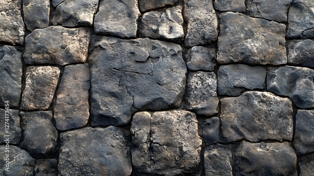 Poster a close-up shot of a dark grey stone wall, showing its rough texture and various rock sizes. ideal f