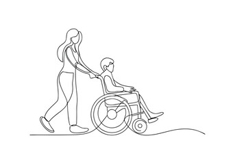 Continuous One Line Woman Pushing Wheelchair | Minimalist Disability Support Vector Illustration