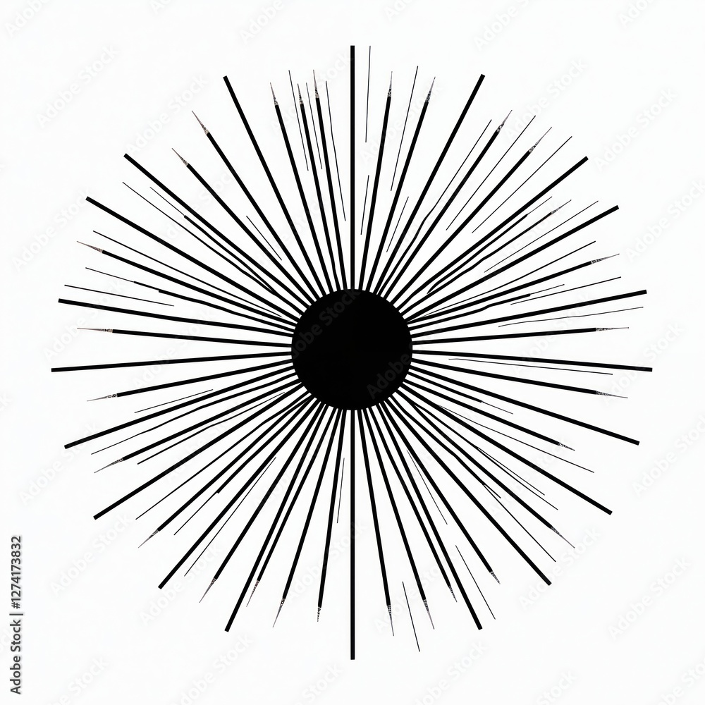 Poster illustration of star burst with retro line rays on white background. black sunbeam design element. v