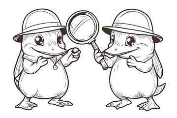 Fototapeta premium Little platypus wearing a tiny detective hat, holding a magnifying glass.