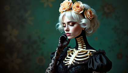 Woman with skeleton makeup and floral headpiece on vintage background