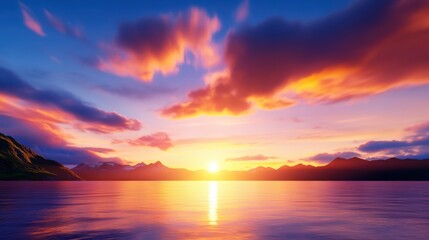 Obraz premium Breathtaking sunset over calm waters, with vibrant clouds reflecting golden and purple hues