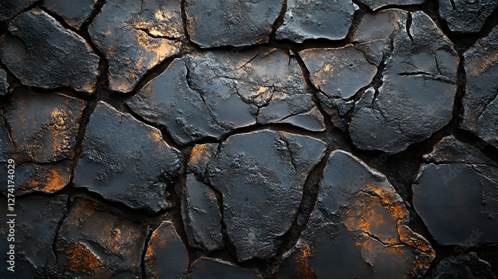 Poster abstract background of a dark, cracked stone texture. deep gray and bronze hues create a dramatic vi