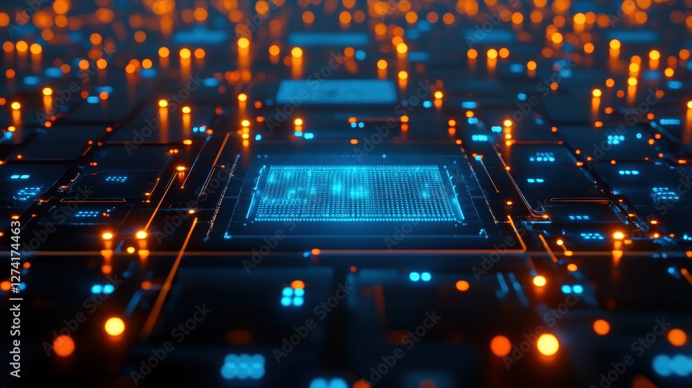 Poster a close-up view of a futuristic microchip, illuminated by vibrant orange and blue lights, representi
