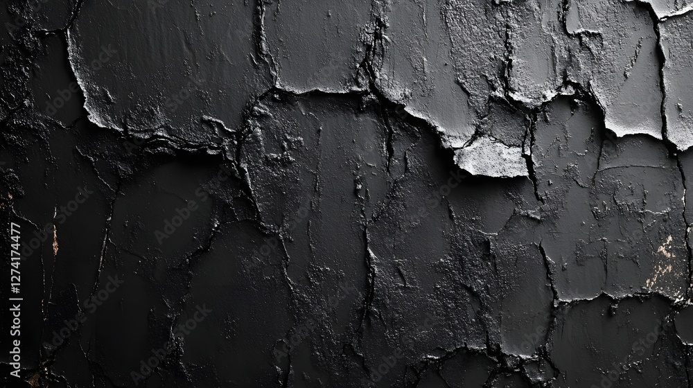 Poster close-up view of a dark, cracked, textured surface. the abstract background features a black color p