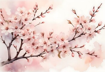 Watercolor Sakura Blossom, Delicate Pink Flowers on Tree Branches