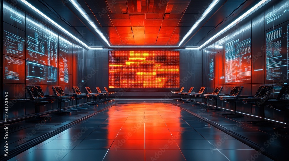 Poster futuristic cybersecurity command center with digital displays and sleek design