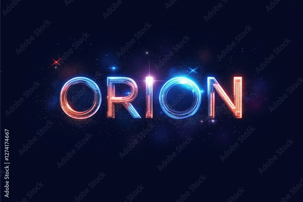 Poster vibrant typography representation of 'orion' illuminated by cosmic elements on a dark background wit