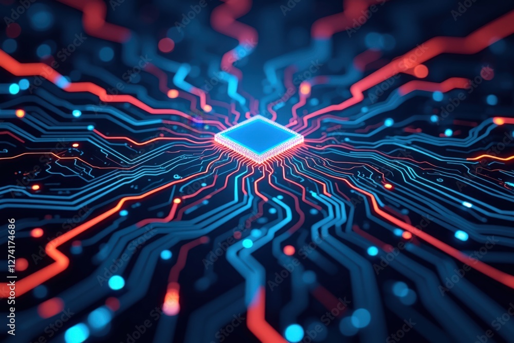 Poster a close-up view of a complex circuit board with radiating electric patterns in blue and red, symboli