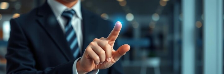 Businessman touching virtual glass screen for mockup concept, interactive, communication, display