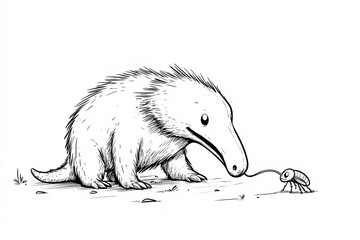 Fototapeta premium Tiny anteater with a long nose, licking a tiny ant.