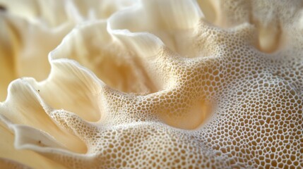 Close-up of textured, organic, pale cream-colored growth. Macro view of intricate patterns and surface detail. Potential use as a nature background