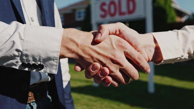 Real estate transaction is finalized as two agents shake hands in slow motion, celebrating successful sale with sold sign prominently displayed