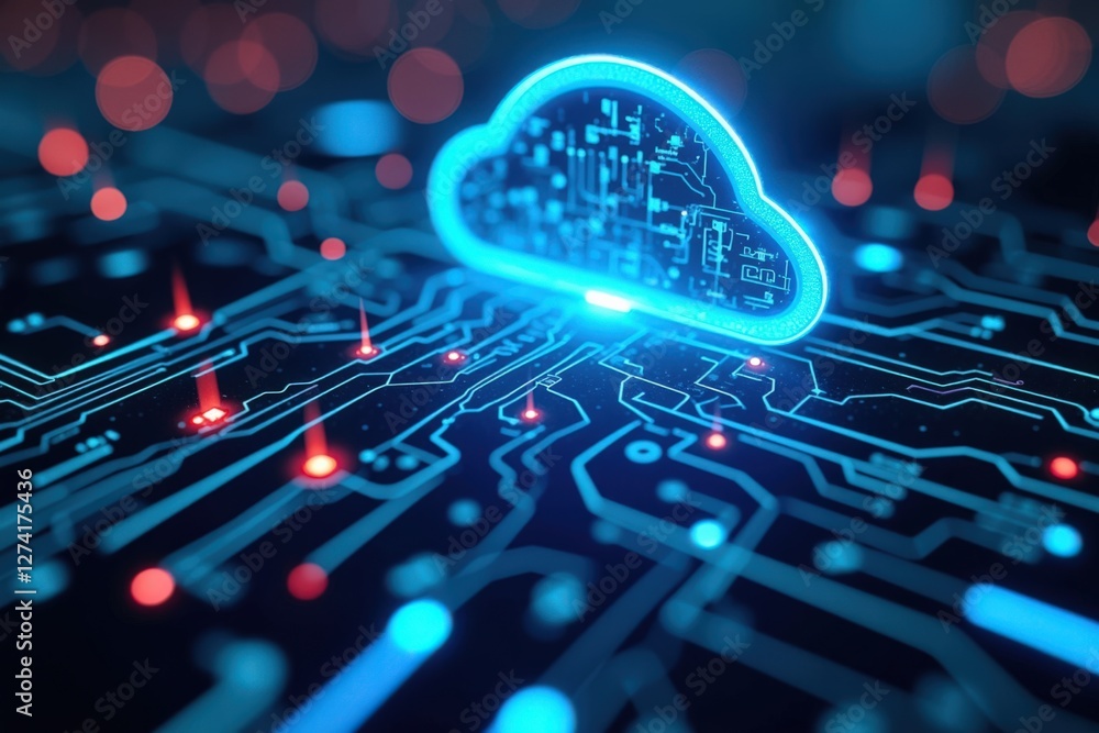 Poster futuristic digital cloud computing illustration with circuit board patterns, neon lights, and techno