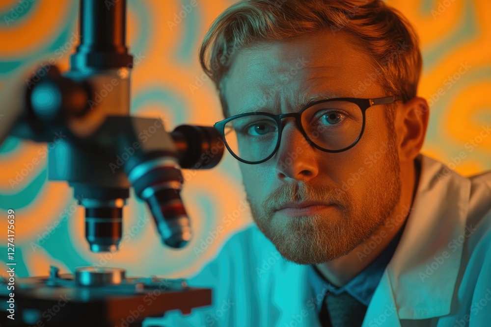 Poster a focused scientist using a microscope in a lab, illuminated by vibrant teal and orange lighting.