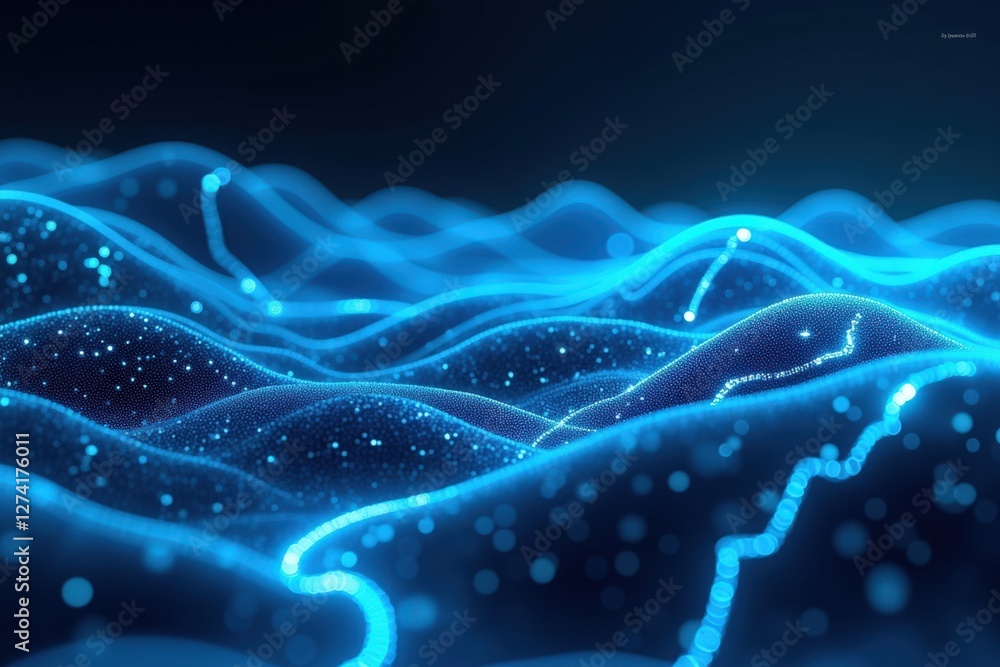 Poster a stunning visual representation of blue digital waves with glowing particles, creating a hypnotic a