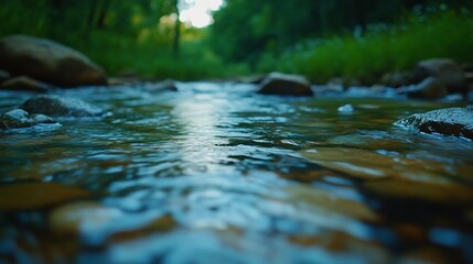 Tranquil stream flowing through the forest with smooth stones