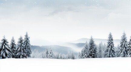 Snowy forest landscape in winter on mountains background. Cold weather scene for banners & web