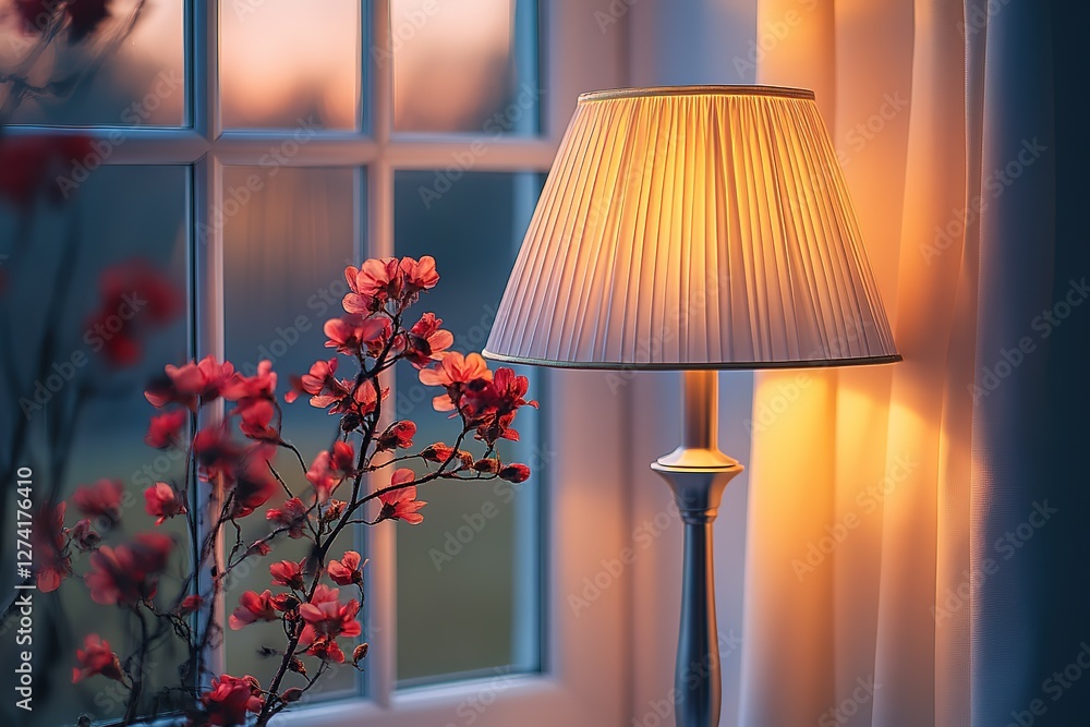 Poster a cozy corner featuring a warm lamp casting a glow on a window with flowers creating a tranquil and 