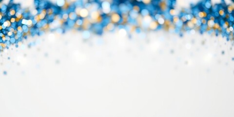 Abstract background of blue, gold, and black glitter lights on white, de focused with copy space,  background,  copy space,  lights