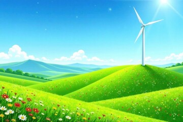Obraz premium Serene Meadow Landscape Featuring a Wind Turbine on a Hilltop Under a Bright Sunny Sky