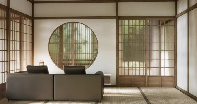 zen living room empty white wall background with decoration japan style design down lights on shelf wall. 3d rendering