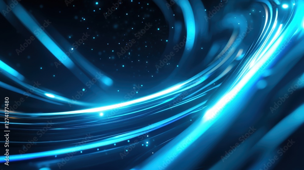 Poster a vibrant abstract design featuring glowing blue lines and particles against a dark background, crea