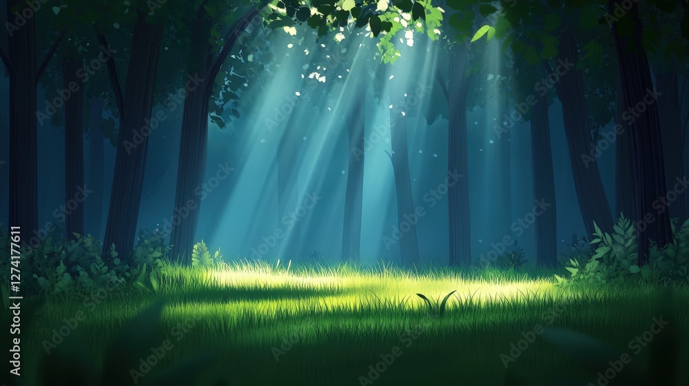 Poster a tranquil forest scene illuminated by soft sunlight filtering through the trees. lush greenery cove