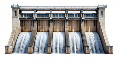 Hydroelectric Dam, Water Flowing, Isolated on White Background