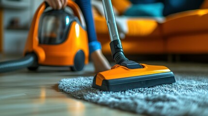 Fototapeta premium Modern Vacuum Cleaner in Action on Light Gray Carpet in Cozy Living Room Interior